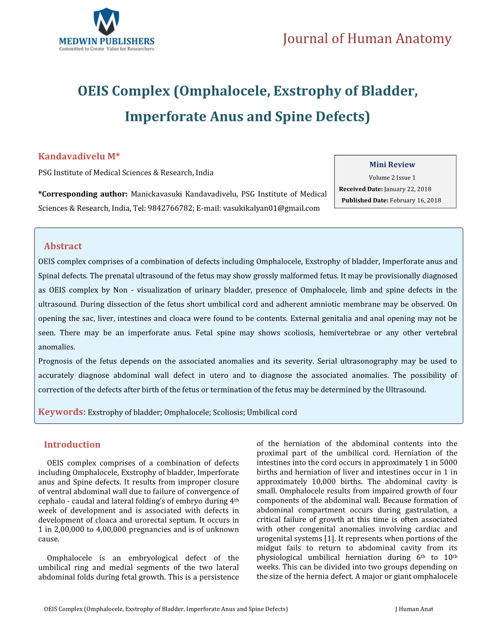 OEIS Complex (Omphalocele, Exstrophy of Bladder, Imperforate Anus and Spine Defects)