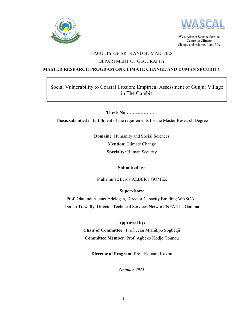 Social Vulnerability to Coastal Erosion: Empirical Assessment of Gunjur Village in the Gambia