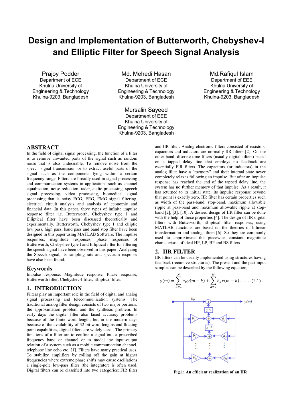 And Elliptic Filter for Speech Signal Analysis Design And