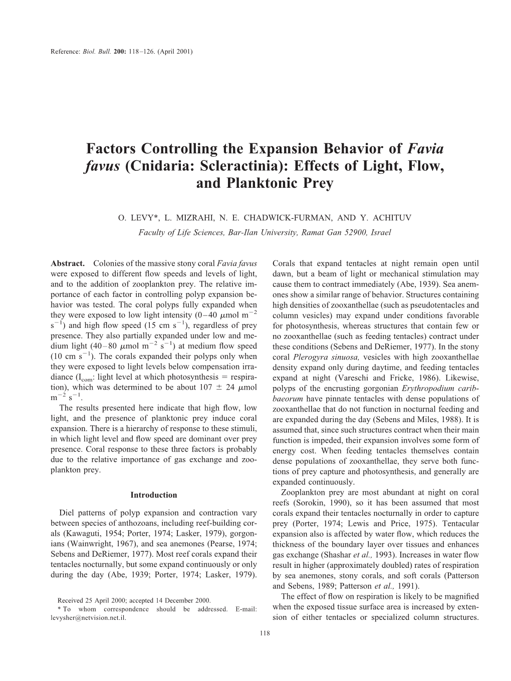 Factors Controlling the Expansion Behavior of Favia Favus (Cnidaria: Scleractinia): Effects of Light, Flow, and Planktonic Prey