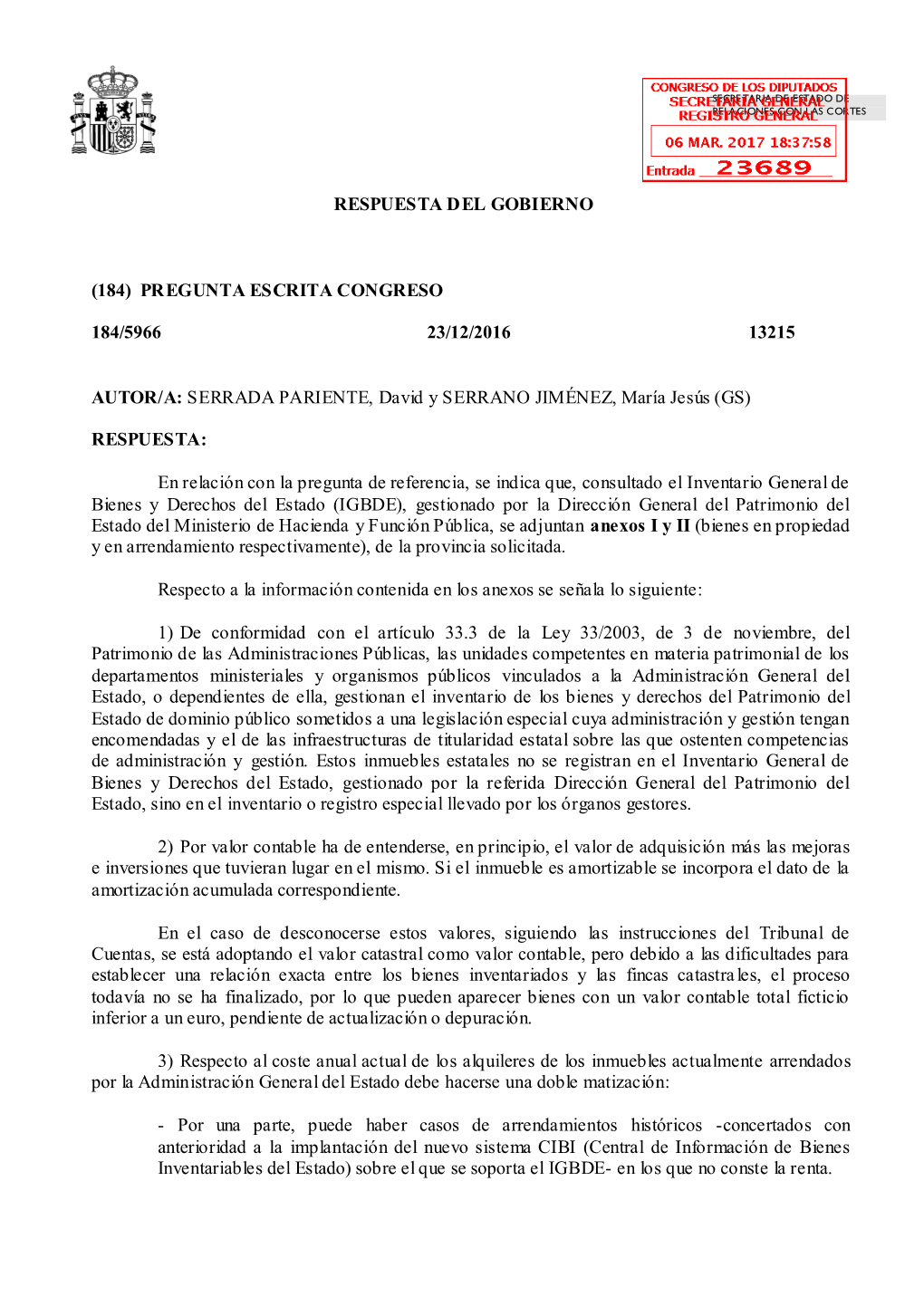 Pregunta Escrita Congreso 184/5966 23/12/2016 13215