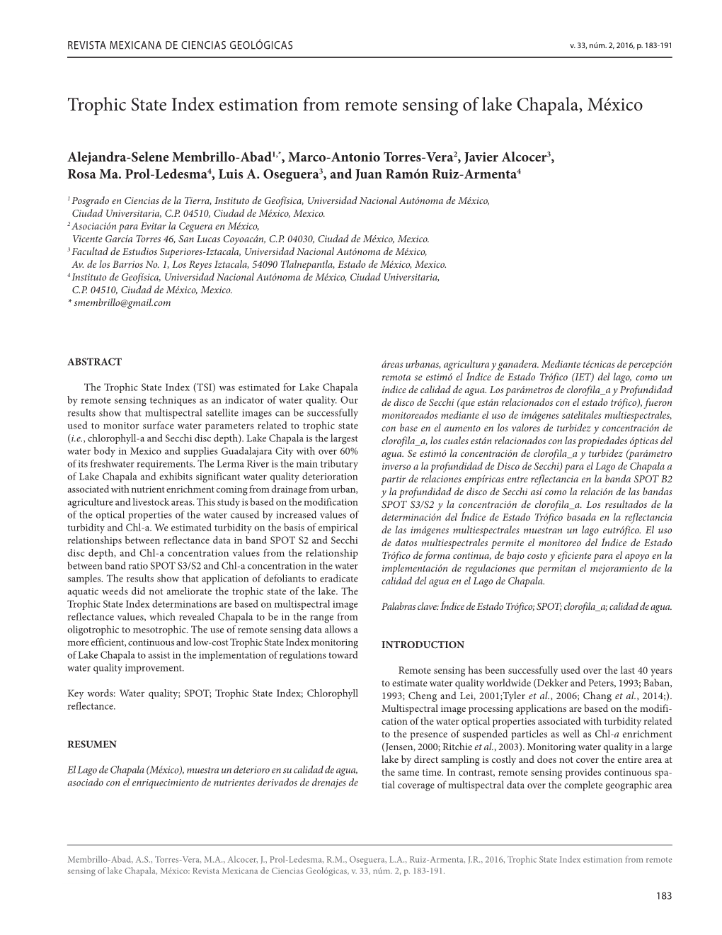 Trophic State Index Estimation from Remote Sensing of Lake Chapala, México