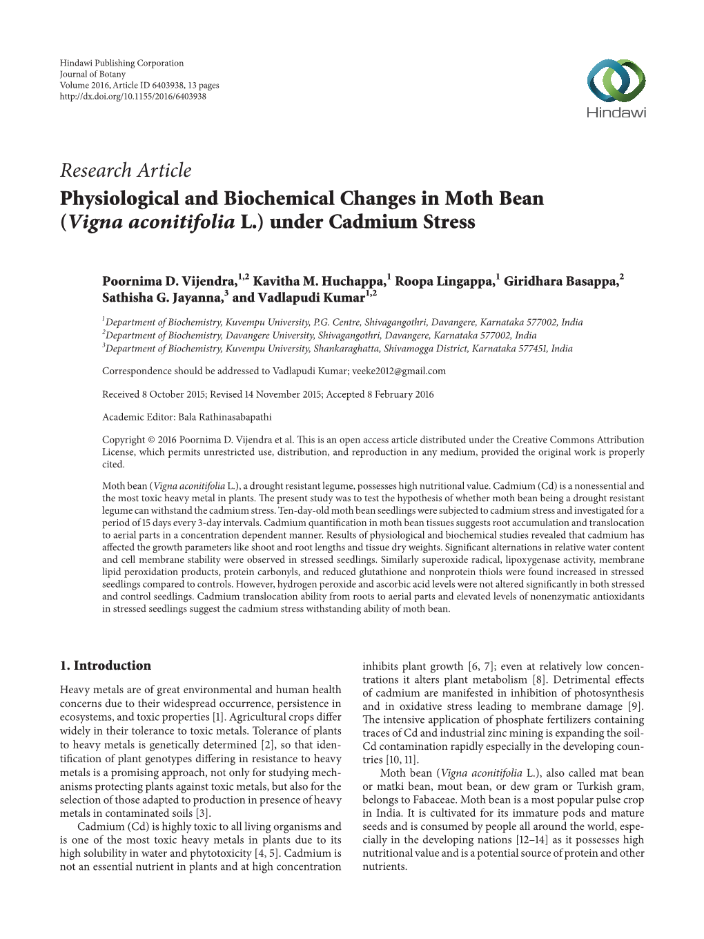 Physiological and Biochemical Changes in Moth Bean (Vigna Aconitifolia L.) Under Cadmium Stress