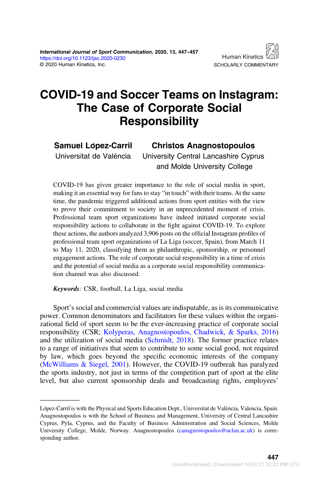 COVID-19 and Soccer Teams on Instagram: the Case of Corporate Social Responsibility