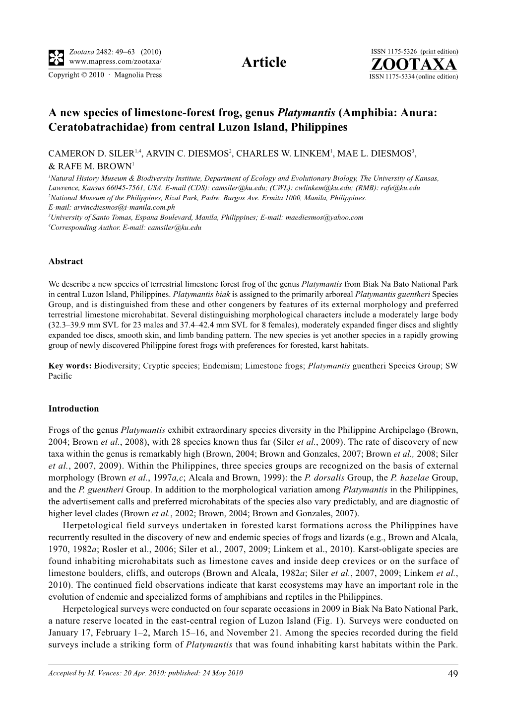 Zootaxa, a New Species of Limestone-Forest Frog, Genus