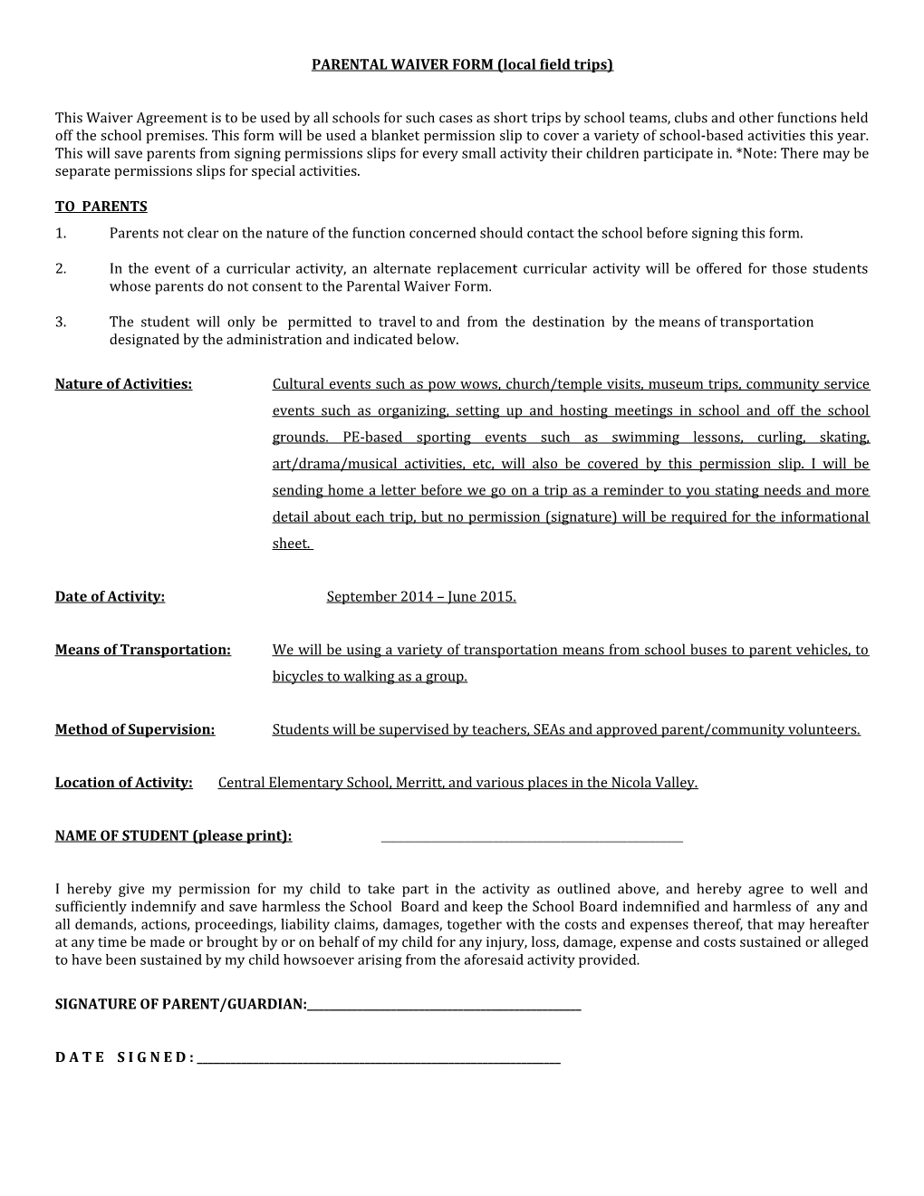 Parental Waiver Form