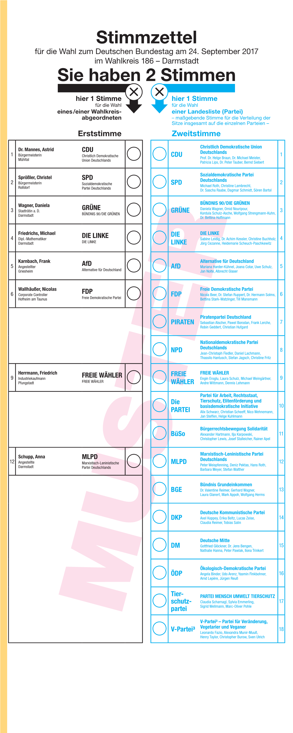 Stimmzettel Für Die Wahl Zum Deutschen Bundestag Am 24