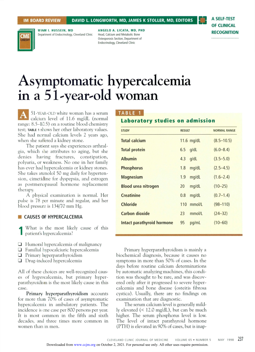 Asymptomatic Hypercalcemia in a 51-Year-Old Woman