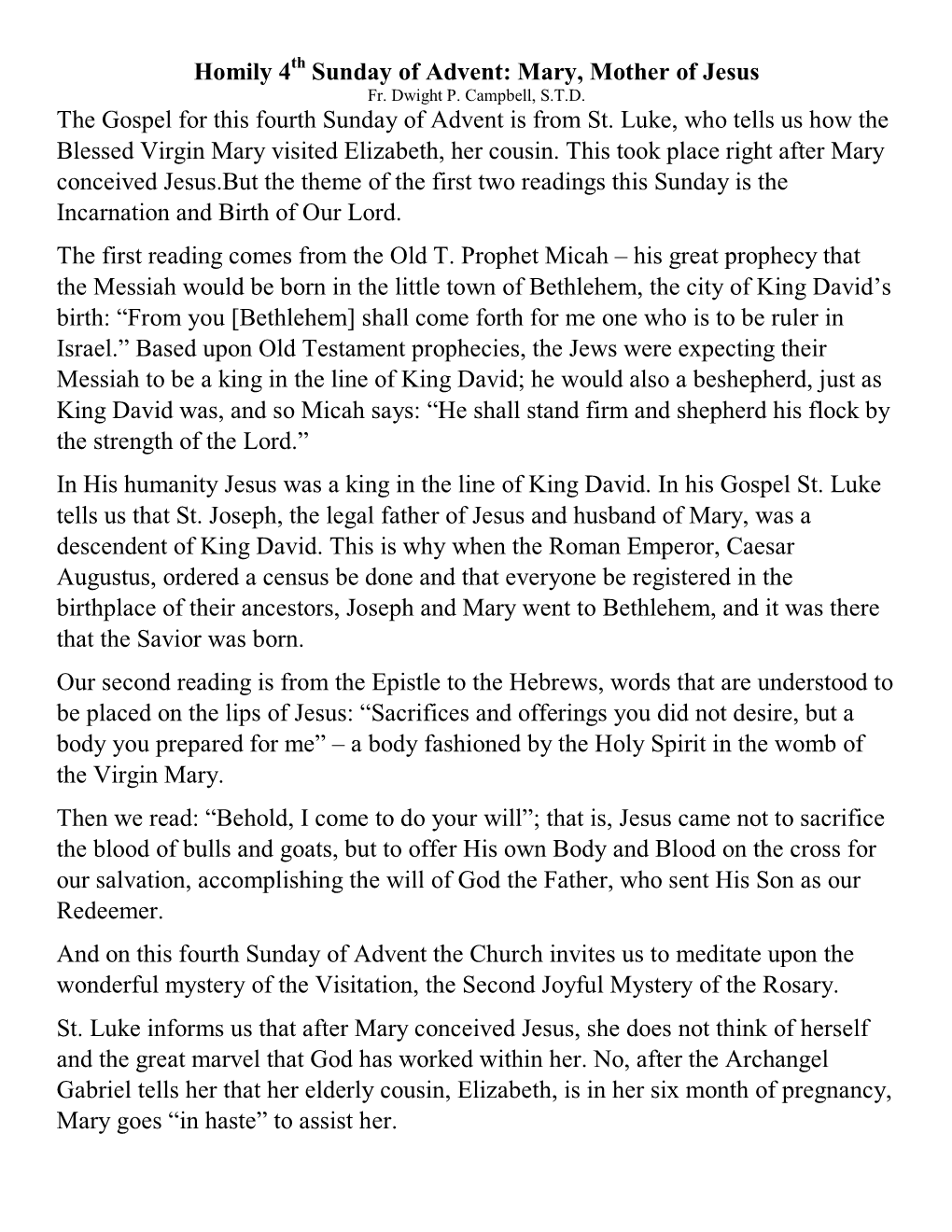 Homily 4Th Sun Advent Mary Mother of God .Docx