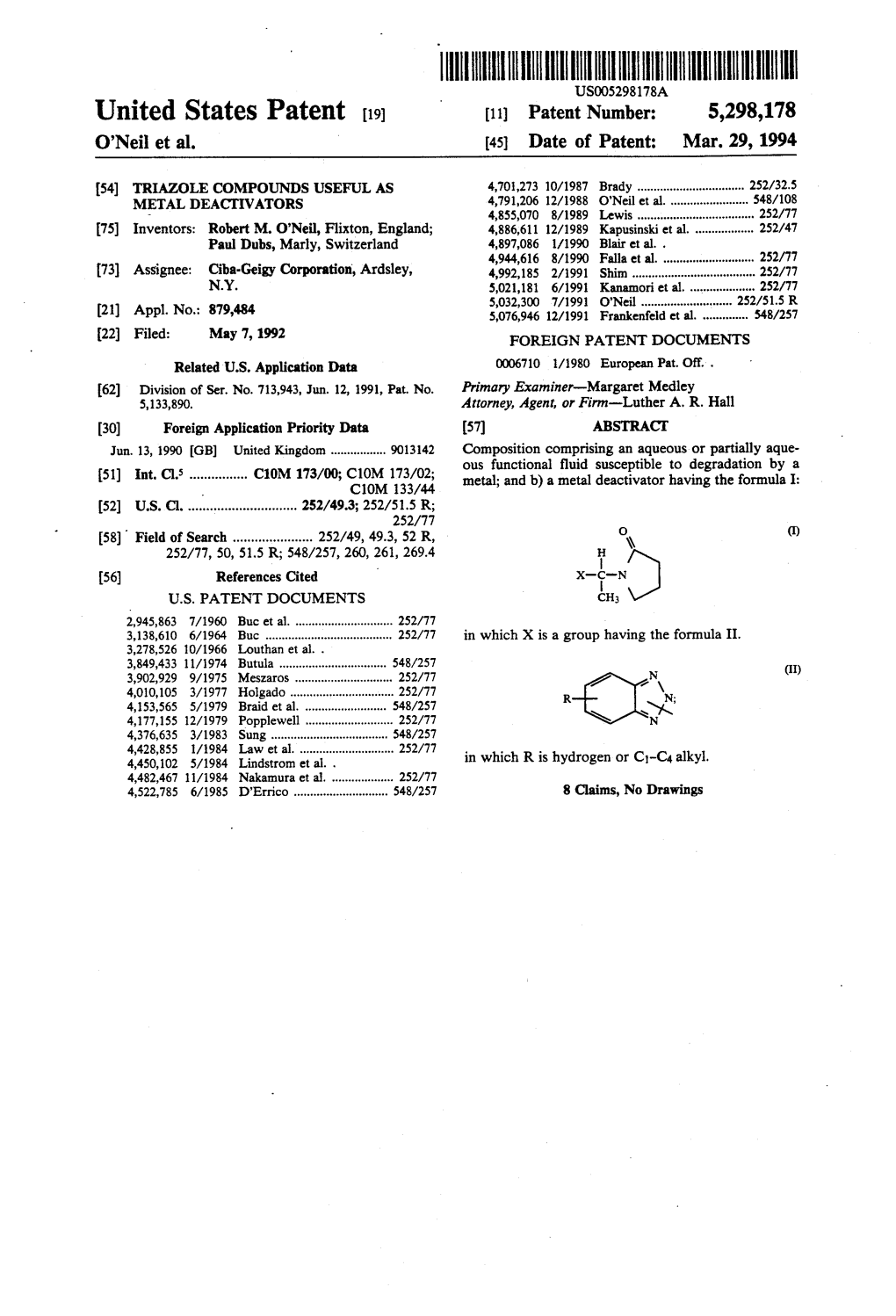 IIIHHHHHHHHHHH USOO5298.178A United States Patent (19) 11 Patent Number: 5,298,178 O'neil Et Al