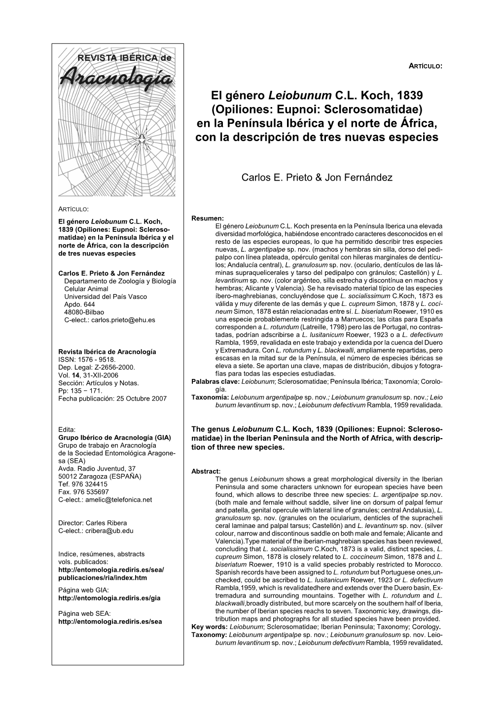 Opiliones: Eupnoi: Sclerosomatidae) En La Península Ibérica Y El Norte De África, Con La Descripción De Tres Nuevas Especies