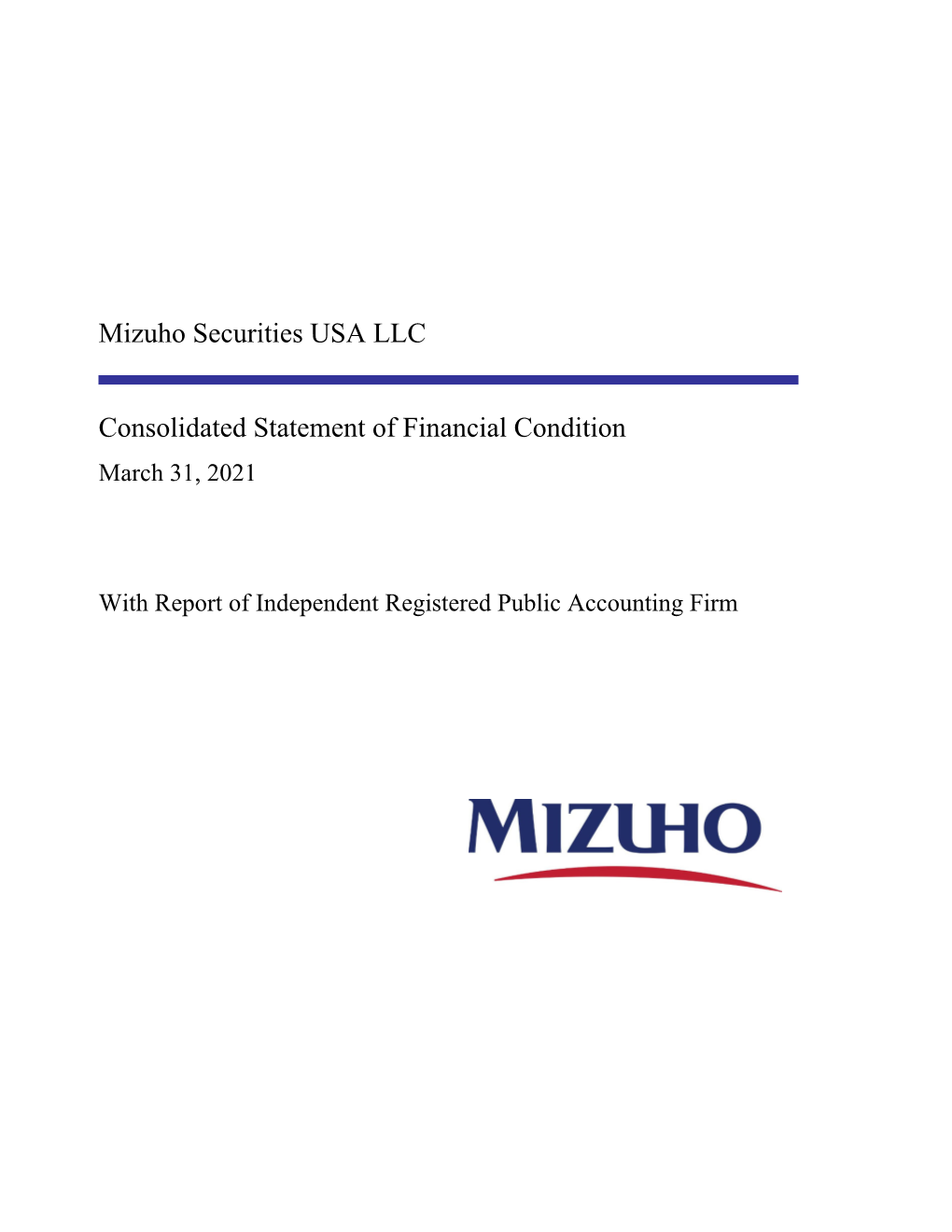 Mizuho Securities USA LLC Consolidated Statement of Financial Condition