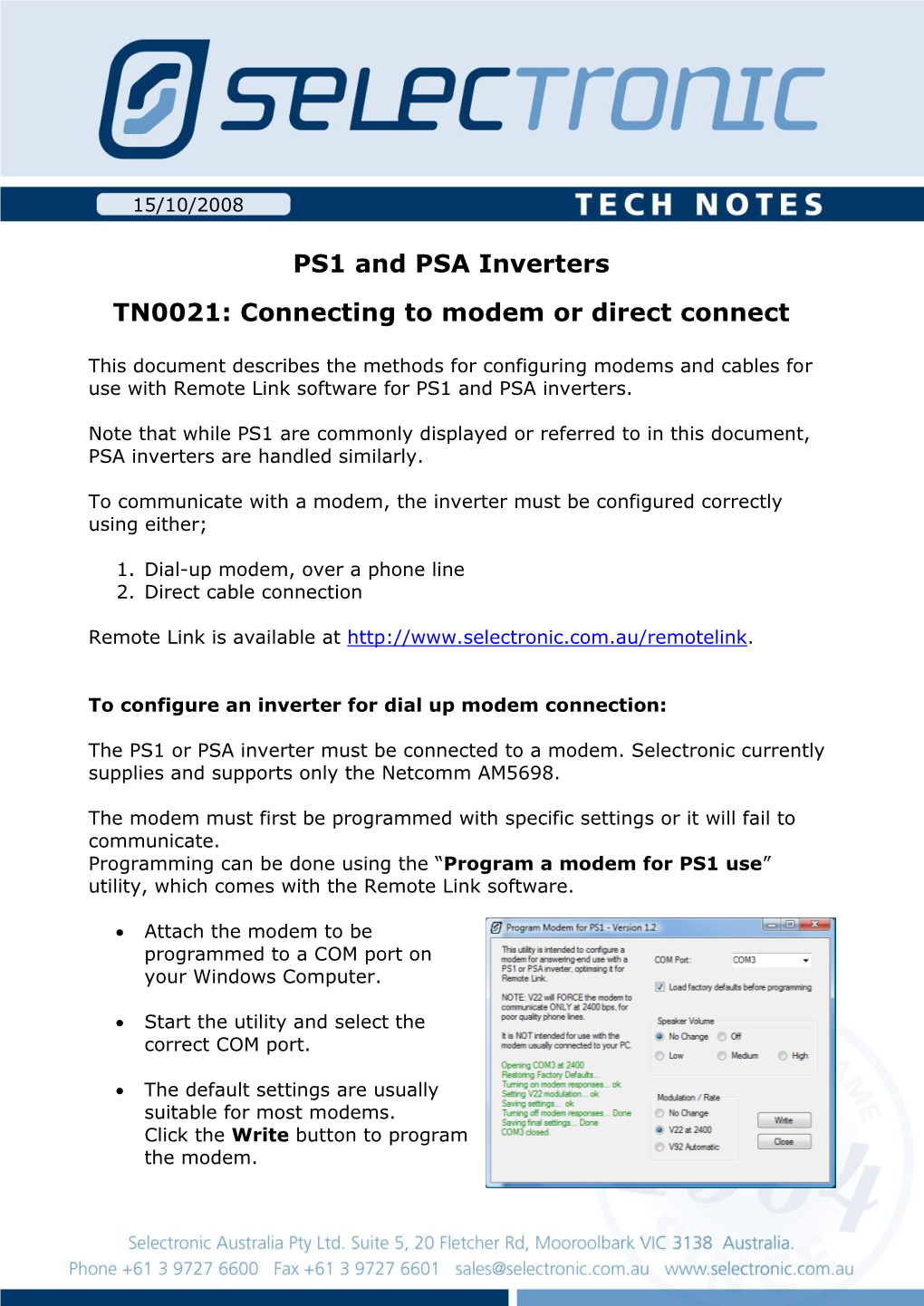 PS1 and PSA Inverters TN0021: Connecting to Modem Or Direct Connect