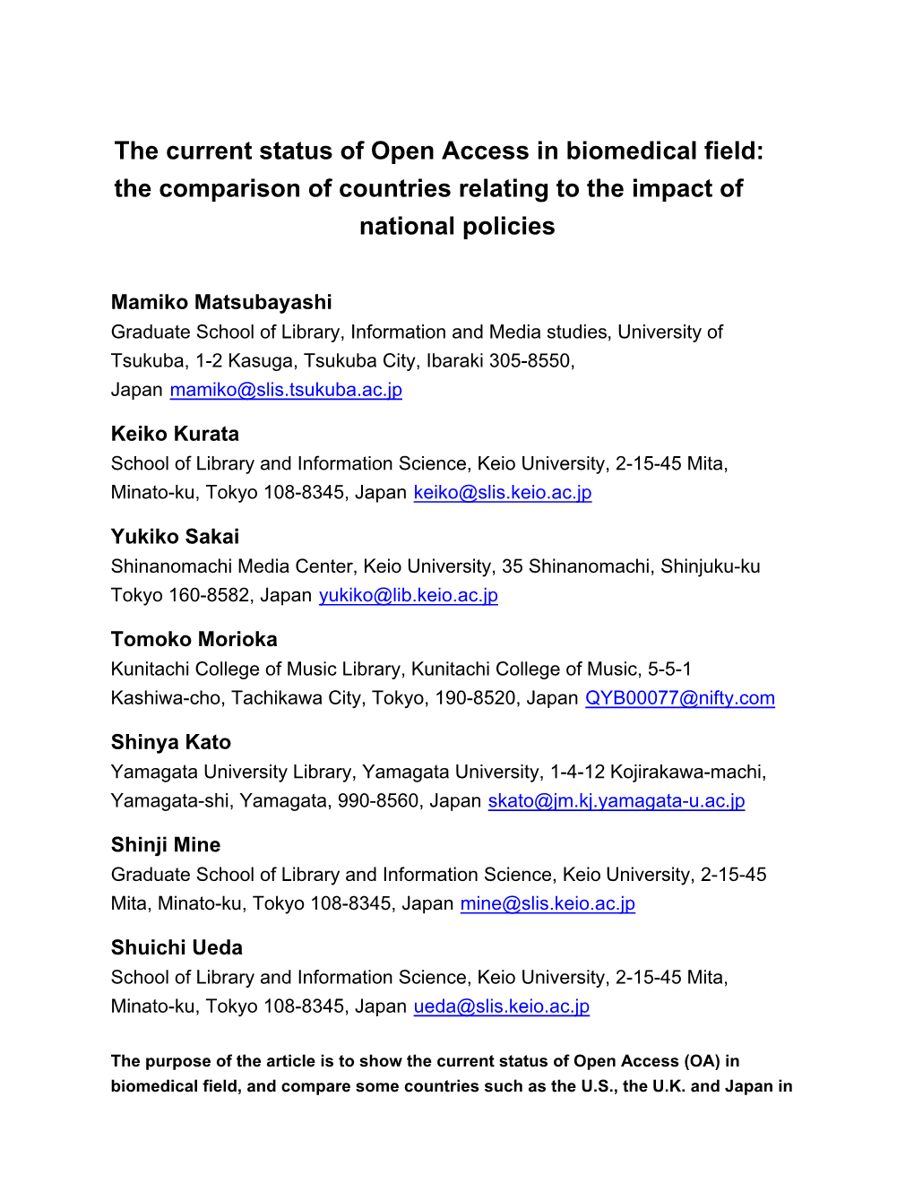 The Current Status of Open Access in Biomedical Field: the Comparison of Countries Relating to the Impact of National Policies