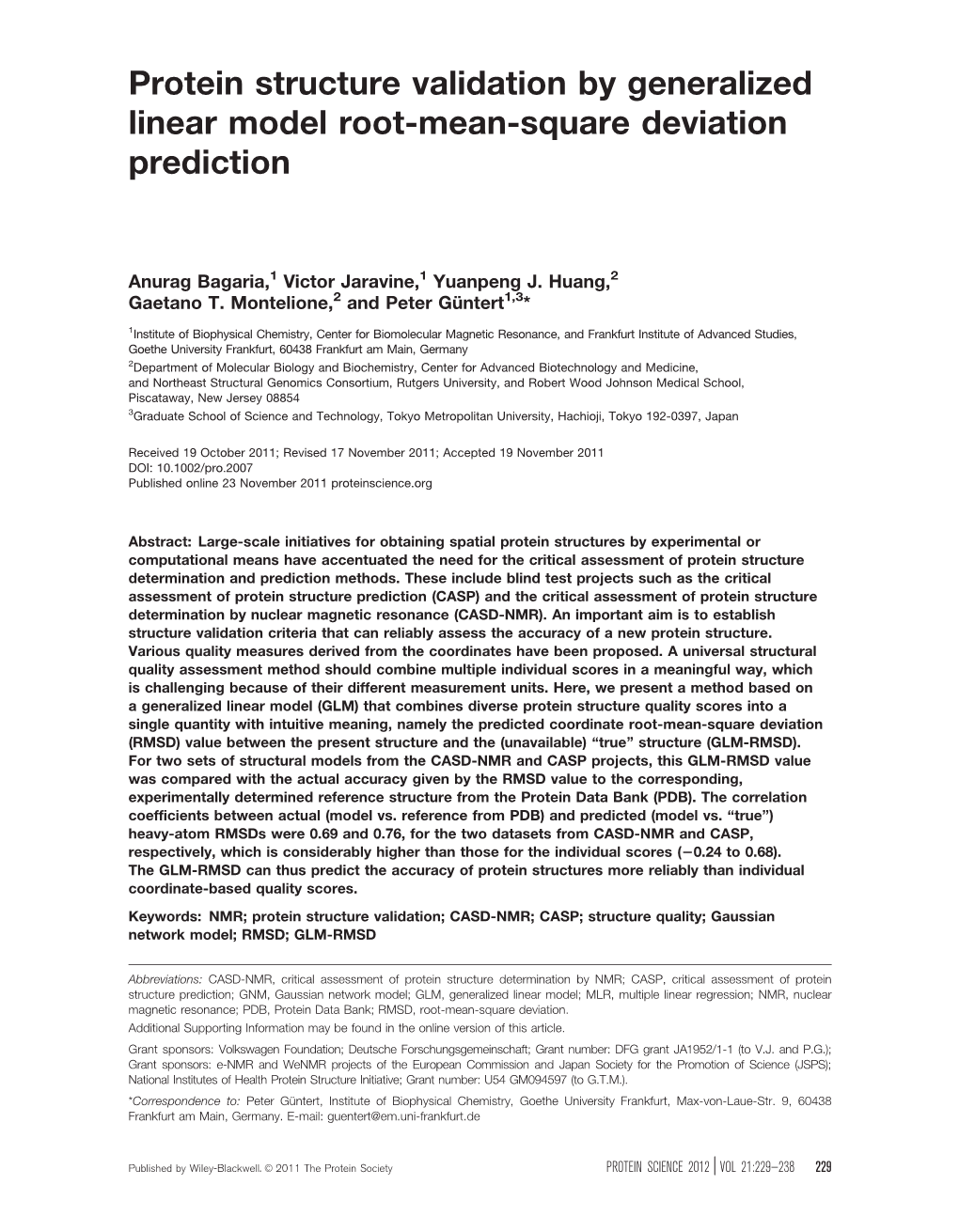 Protein Structure Validation by Generalized Linear Model Root-Mean-Square Deviation Prediction