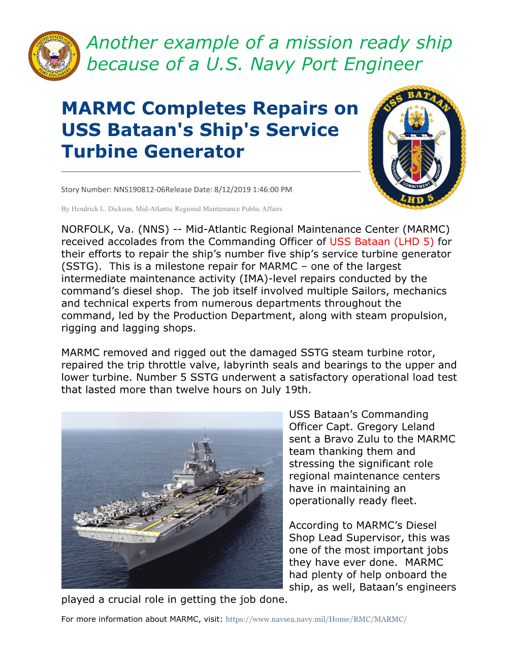 USS Bataan's Ship's Service Turbine Generator