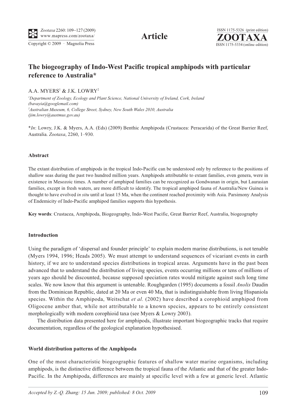 Zootaxa, the Biogeography of Indo-West Pacific Tropical