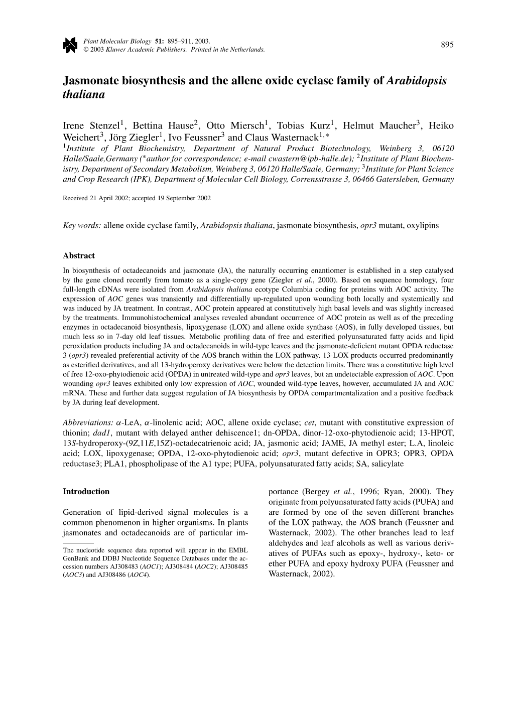 Jasmonate Biosynthesis and the Allene Oxide Cyclase Family of Arabidopsis Thaliana