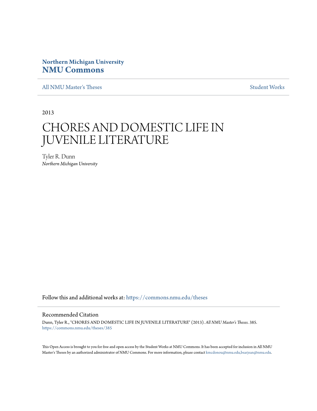 CHORES and DOMESTIC LIFE in JUVENILE LITERATURE Tyler R