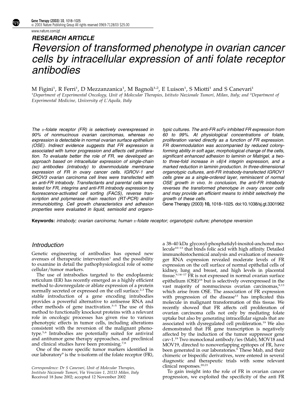 Reversion of Transformed Phenotype in Ovarian Cancer Cells by Intracellular Expression of Anti Folate Receptor Antibodies