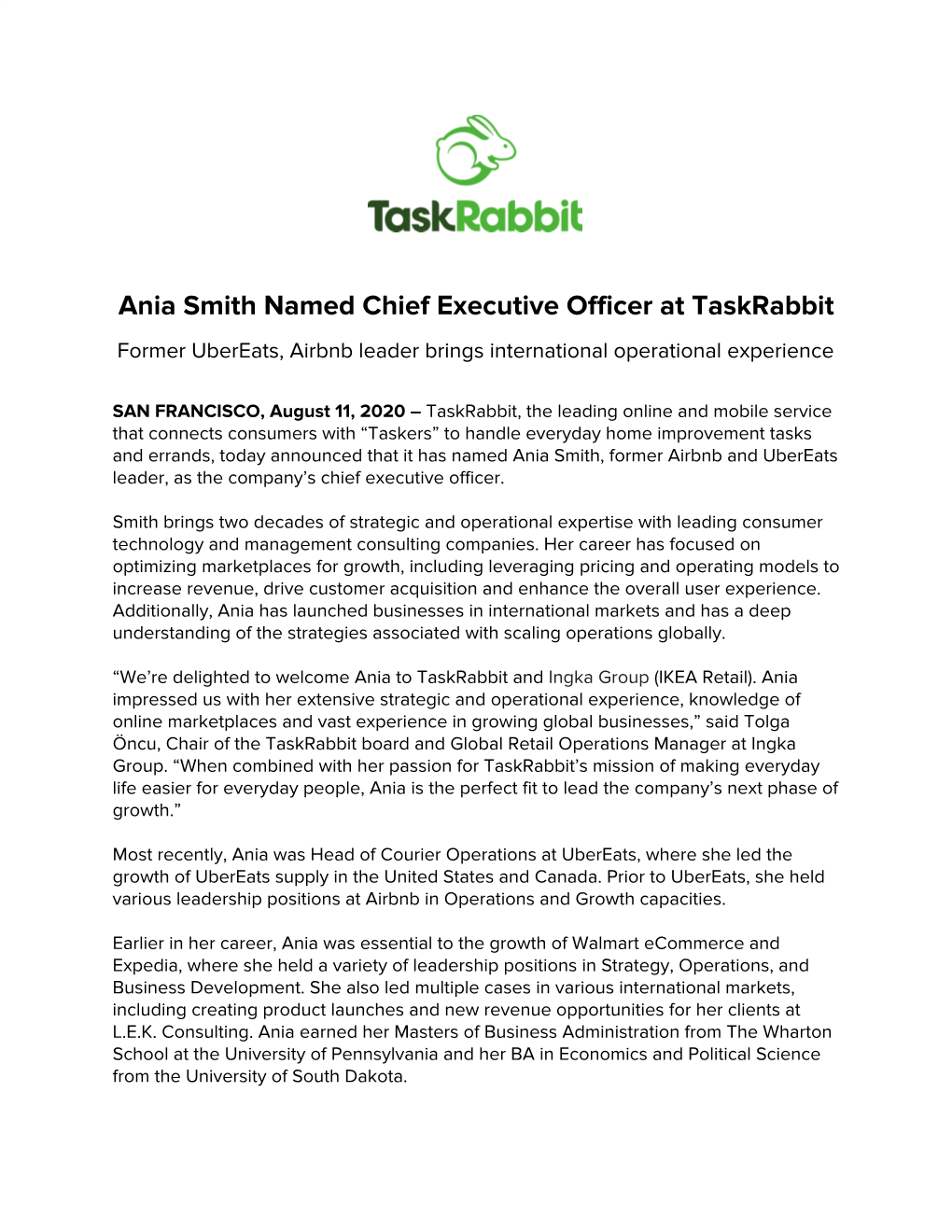 Ania Smith Named Chief Executive Officer at Taskrabbit Former Ubereats, Airbnb Leader Brings International Operational Experience