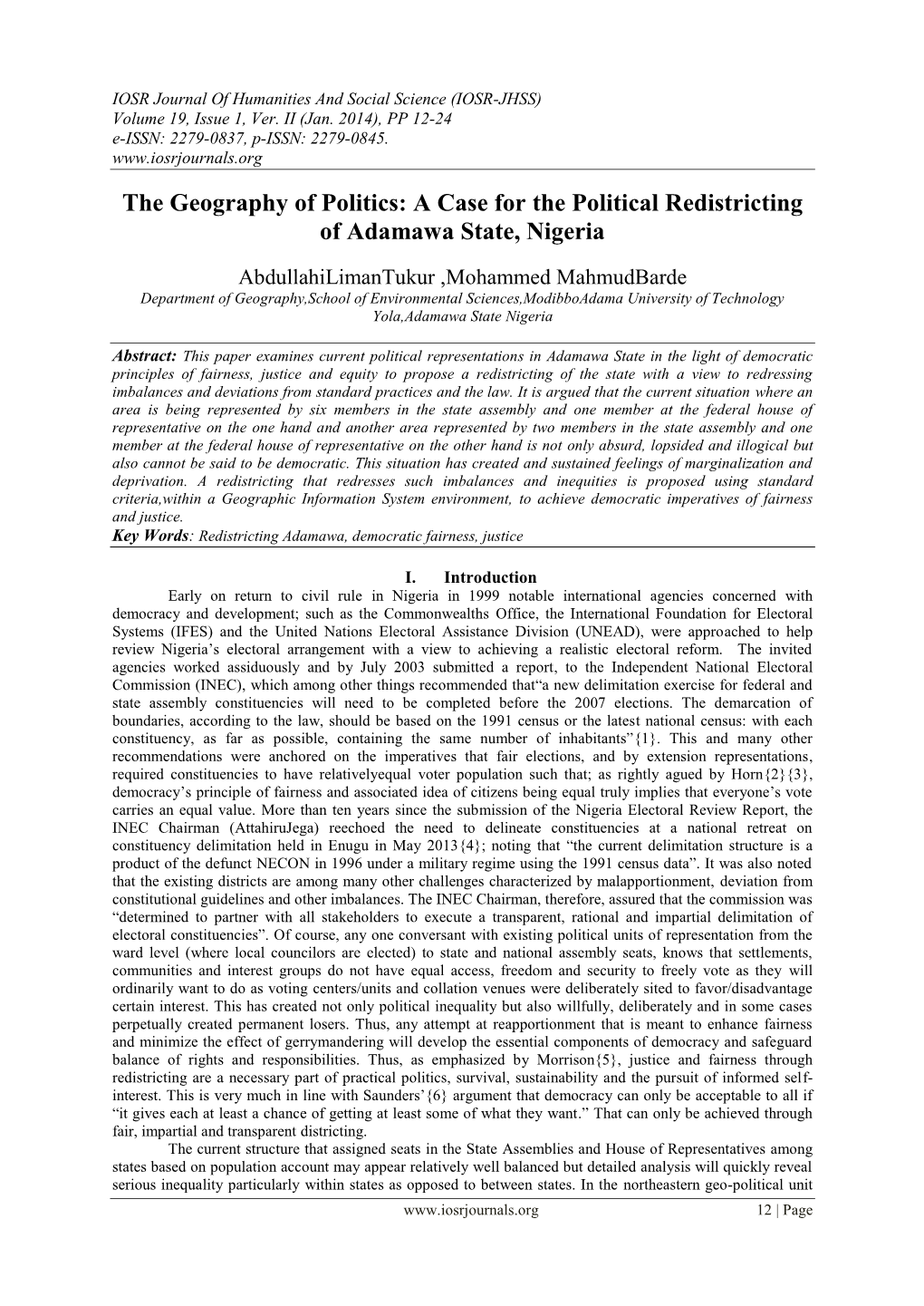 A Case for the Political Redistricting of Adamawa State, Nigeria