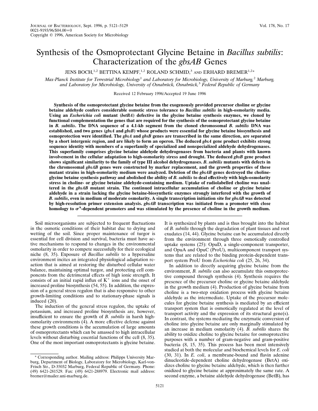 Synthesis of the Osmoprotectant Glycine Betaine in Bacillus Subtilis: Characterization of the Gbsab Genes