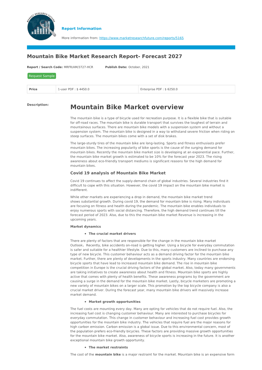 Mountain Bike Market Research Report- Forecast 2027