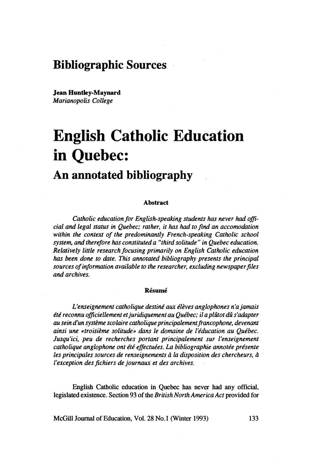 English Catholic Education in Quebec: an Annotated Bibliography