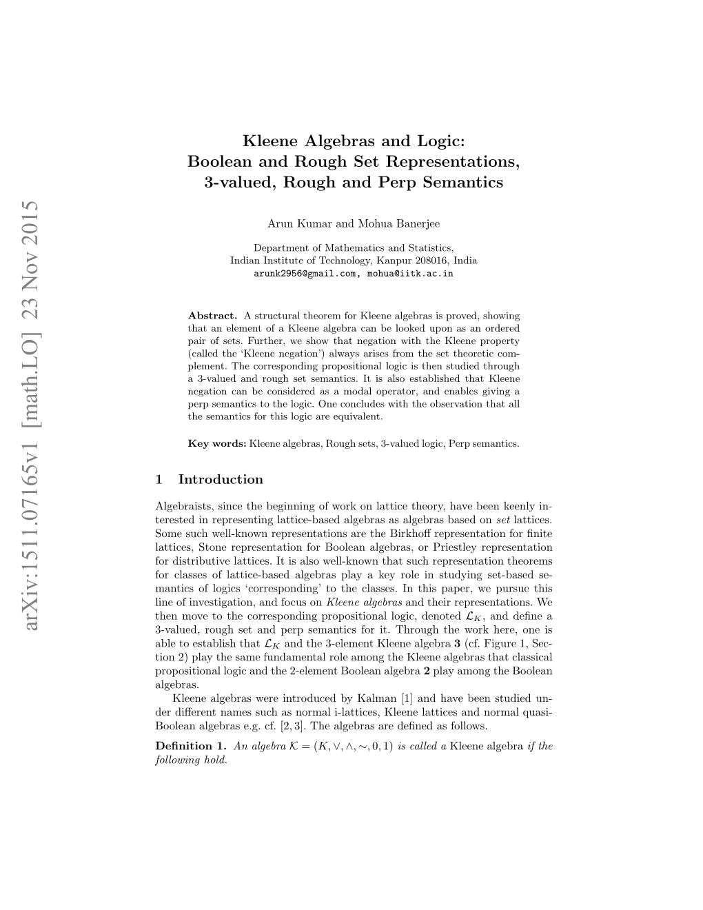 Kleene Algebras and Logic: Boolean and Rough Set Representations, 3