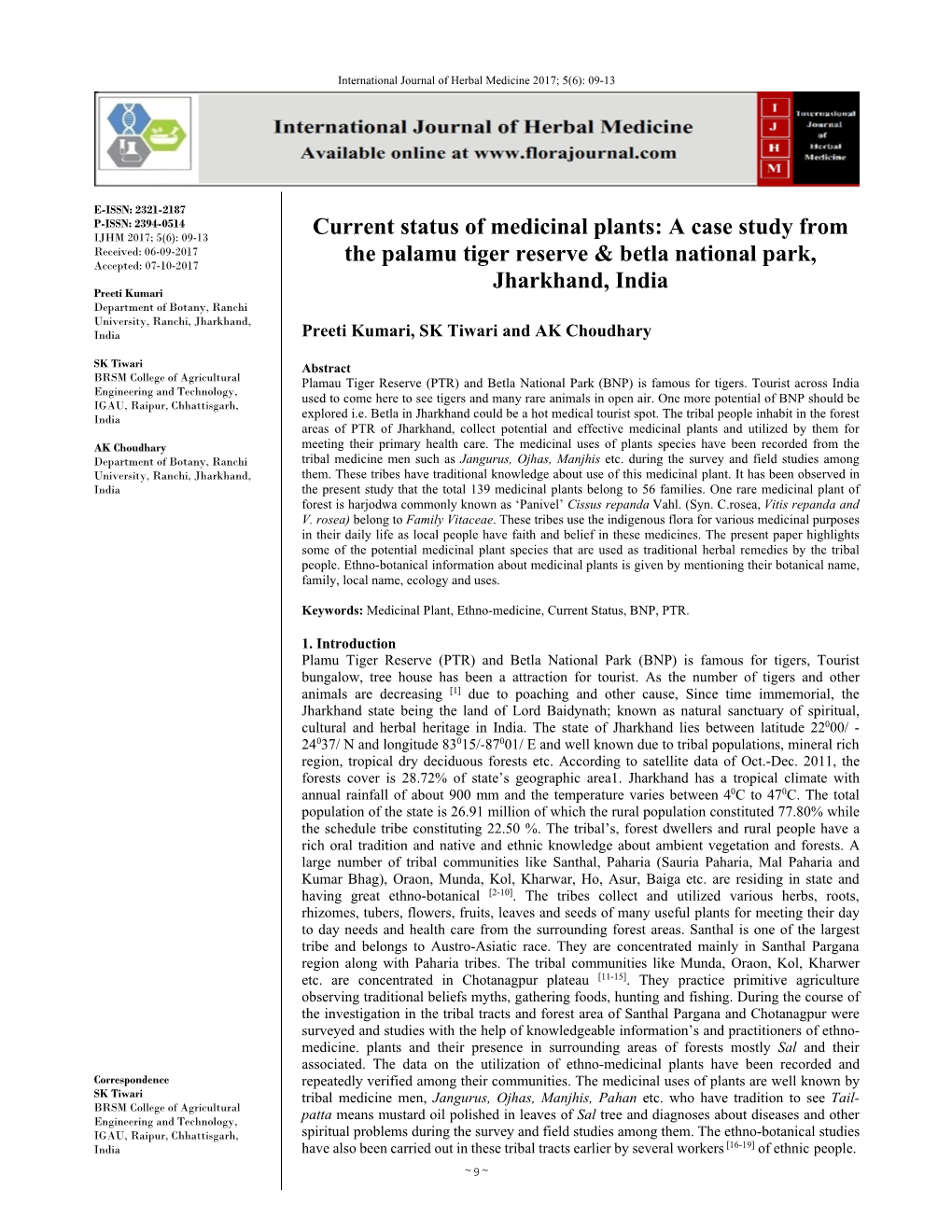 Current Status of Medicinal Plants: a Case Study from the Palamu Tiger Reserve & Betla National Park, Jharkhand, India