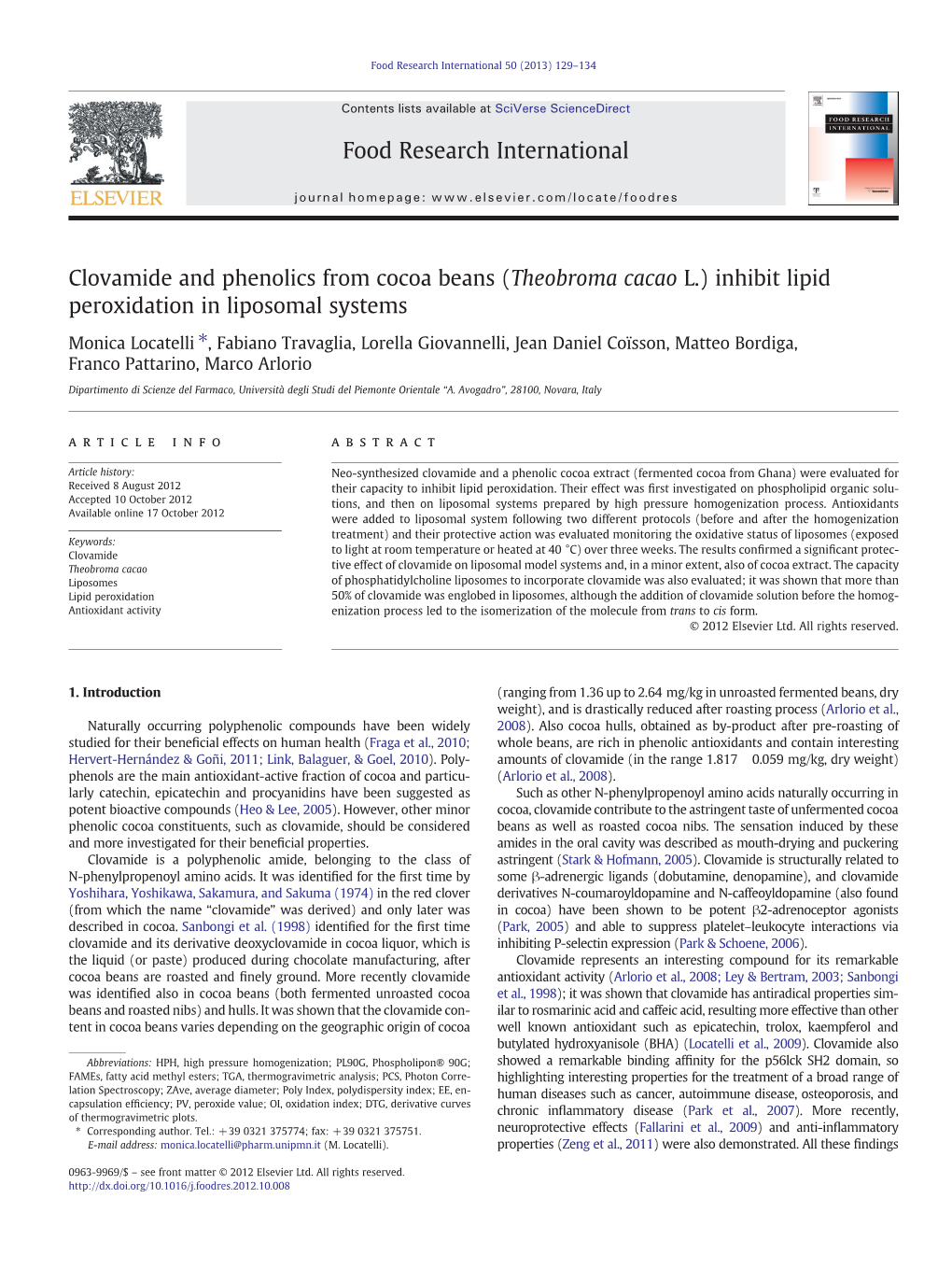 Clovamide and Phenolics from Cocoa Beans (Theobroma Cacao L.) Inhibit Lipid Peroxidation in Liposomal Systems