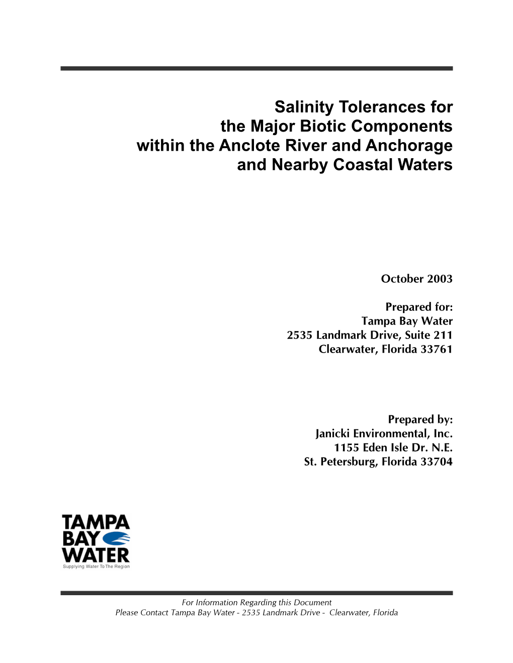 Salinity Tolerances for the Major Biotic Components Within the Anclote River and Anchorage and Nearby Coastal Waters