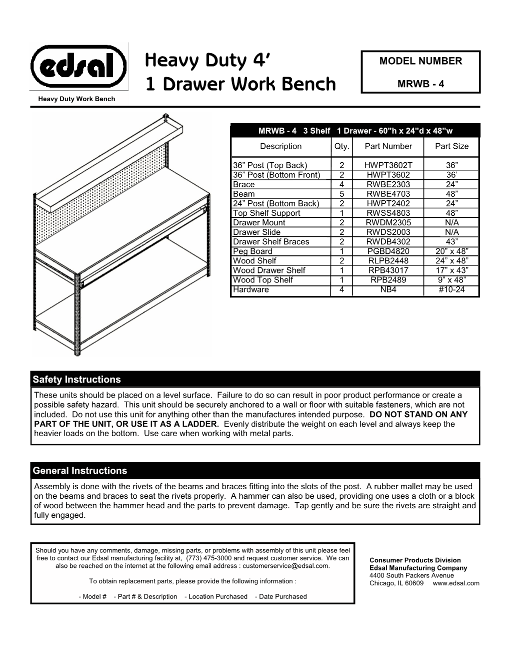 Heavy Duty 4' 1 Drawer Work Bench