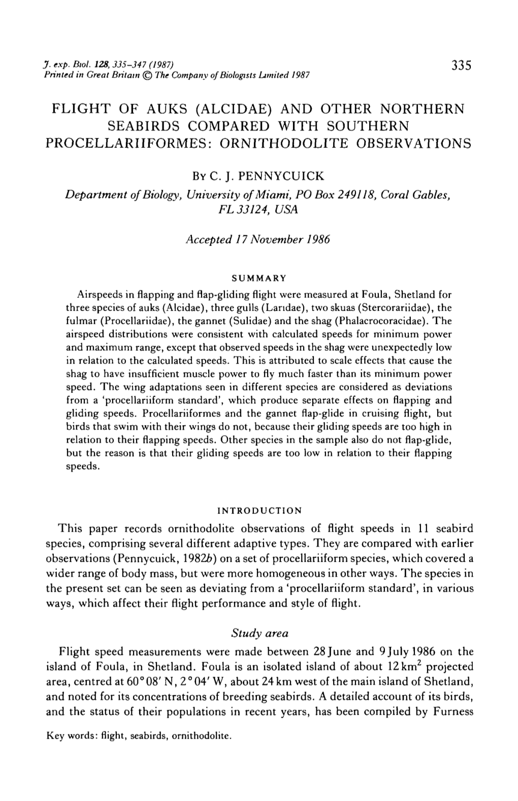 Flight of Auks (Alcidae) and Other Northern Seabirds Compared with Southern Procellariiformes: Ornithodolite Observations