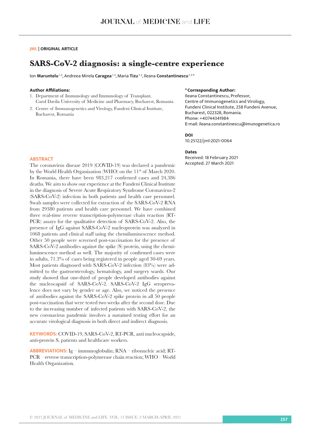 SARS-Cov-2 Diagnosis: a Single-Centre Experience