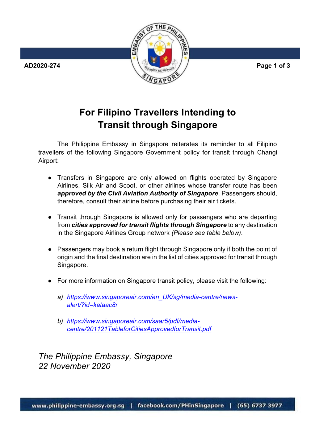For Filipino Travellers Intending to Transit Through Singapore