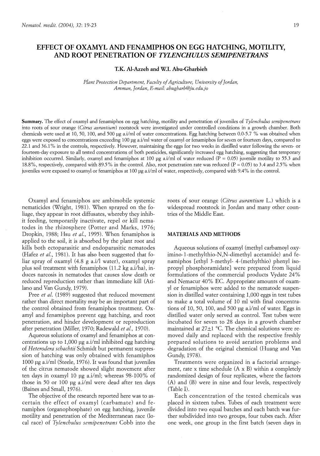 Effect of Oxamyl and Fenamiphos on Egg Hatching, Motility, and Root Penetration of Tylenchulus Semipenetrans