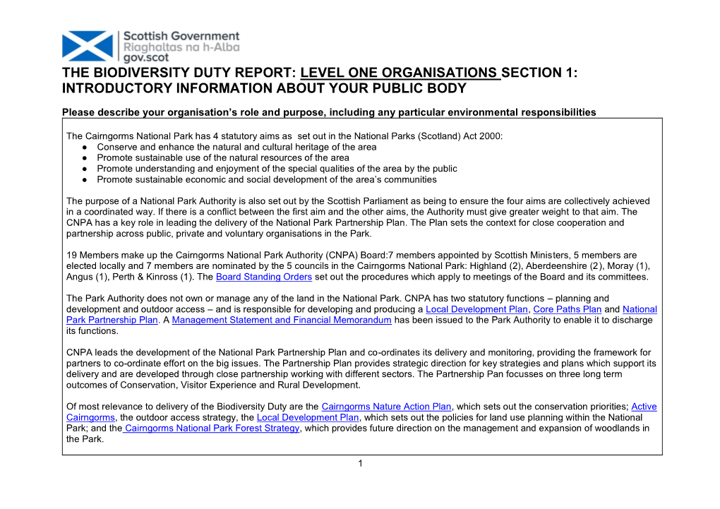 The Biodiversity Duty Report: Level One Organisations Section 1: Introductory Information About Your Public Body