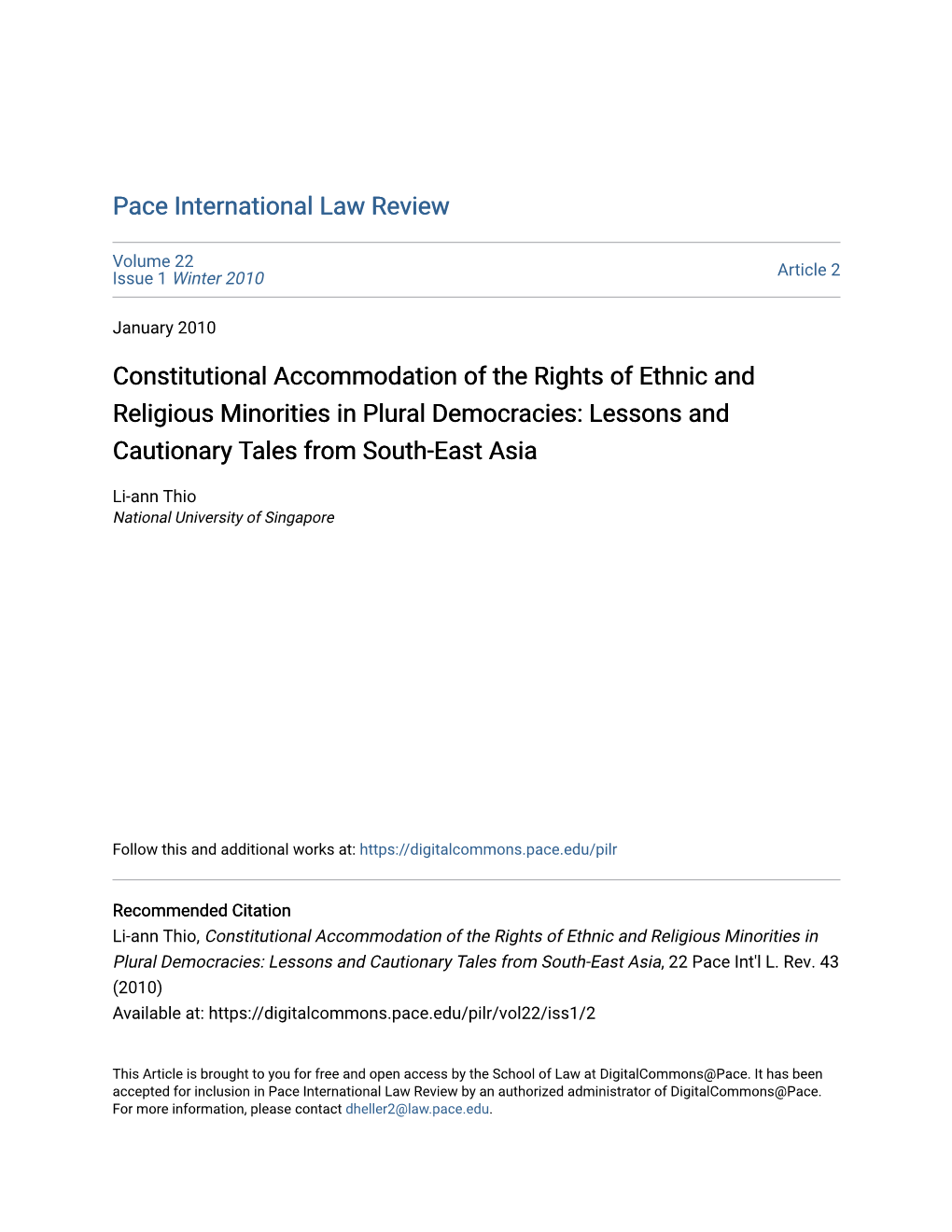 Constitutional Accommodation of the Rights of Ethnic and Religious Minorities in Plural Democracies: Lessons and Cautionary Tales from South-East Asia