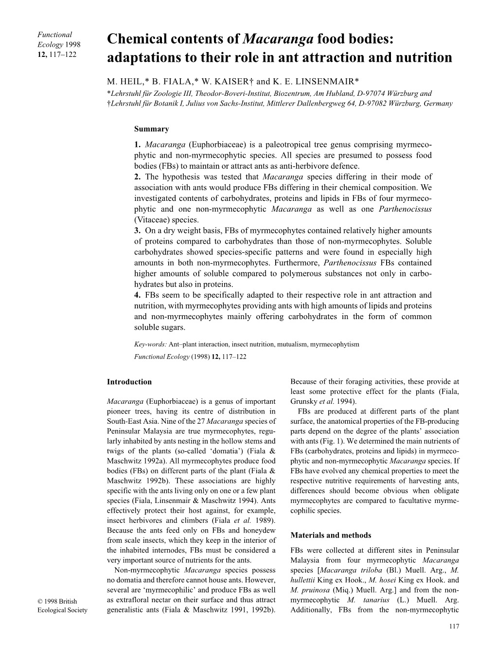 Chemical Contents of Macaranga Food Bodies: Adaptations To