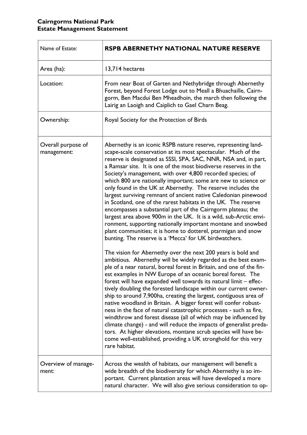 Cairngorms National Park Estate Management Statement RSPB