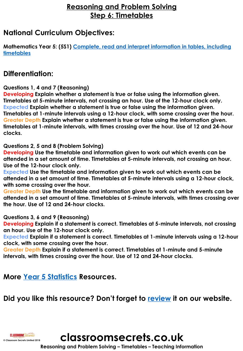 Year 5 Timetables Reasoning and Problem Solving