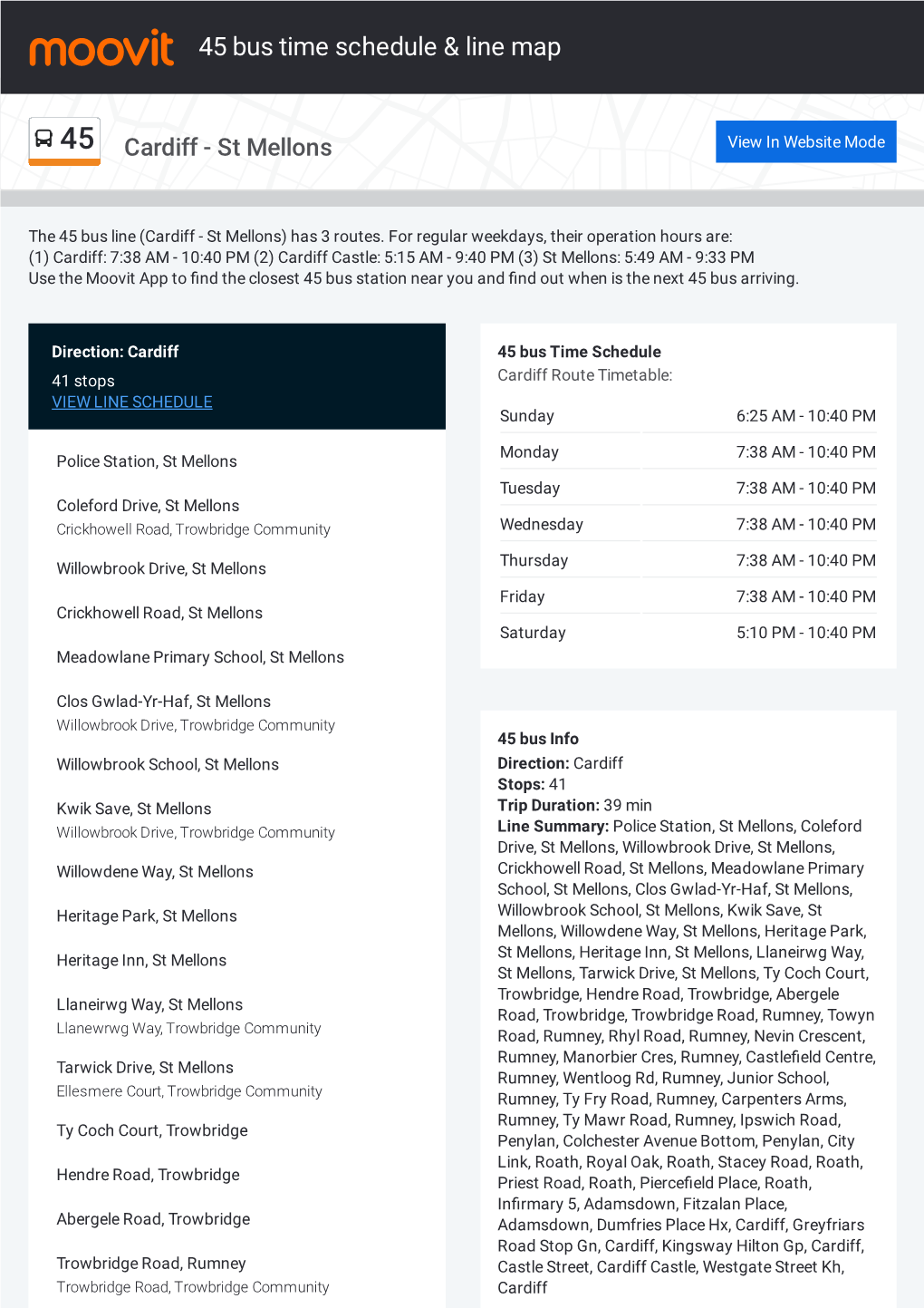 45 Bus Time Schedule & Line Route