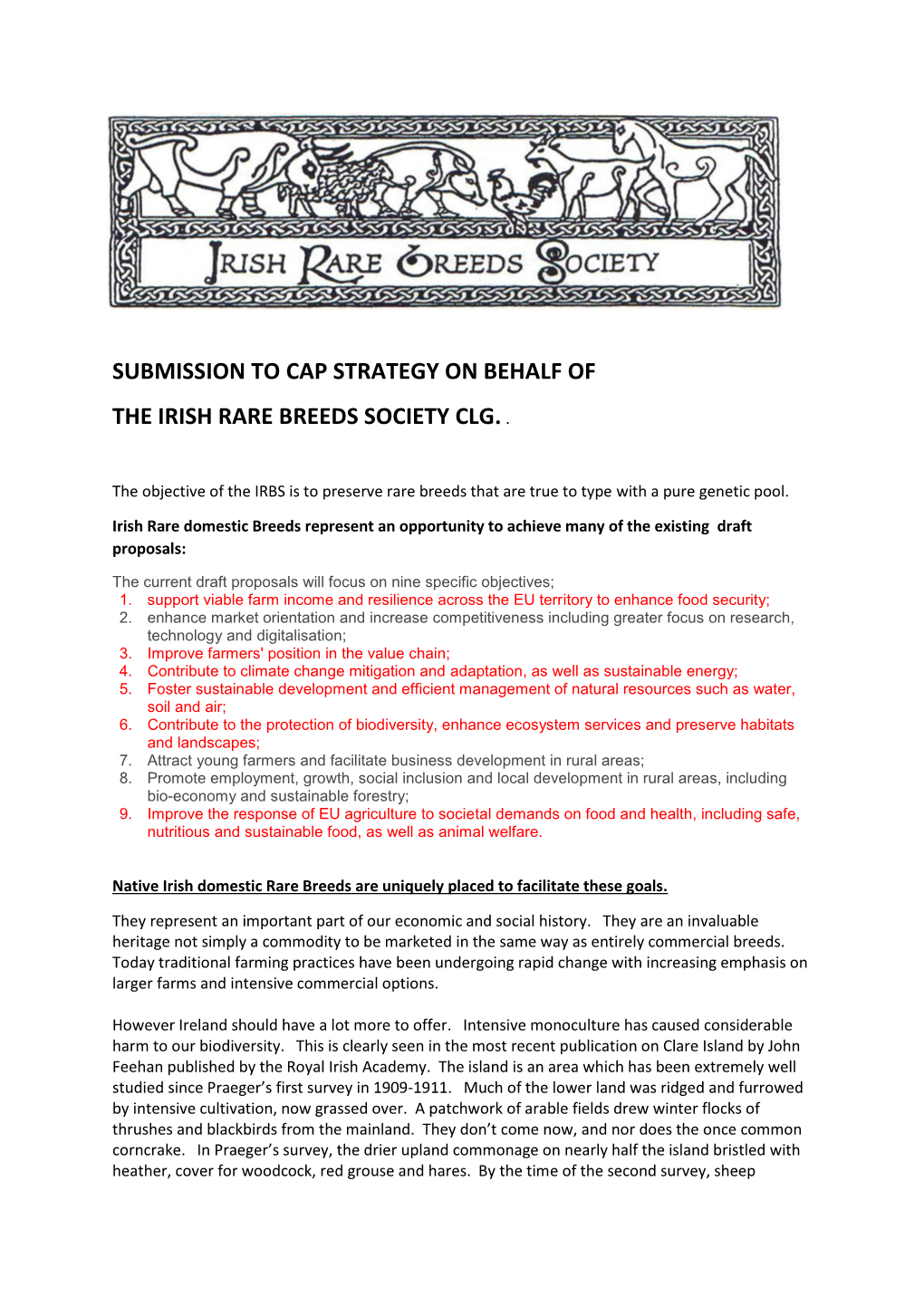 Submission to Cap Strategy on Behalf of the Irish Rare Breeds Society Clg