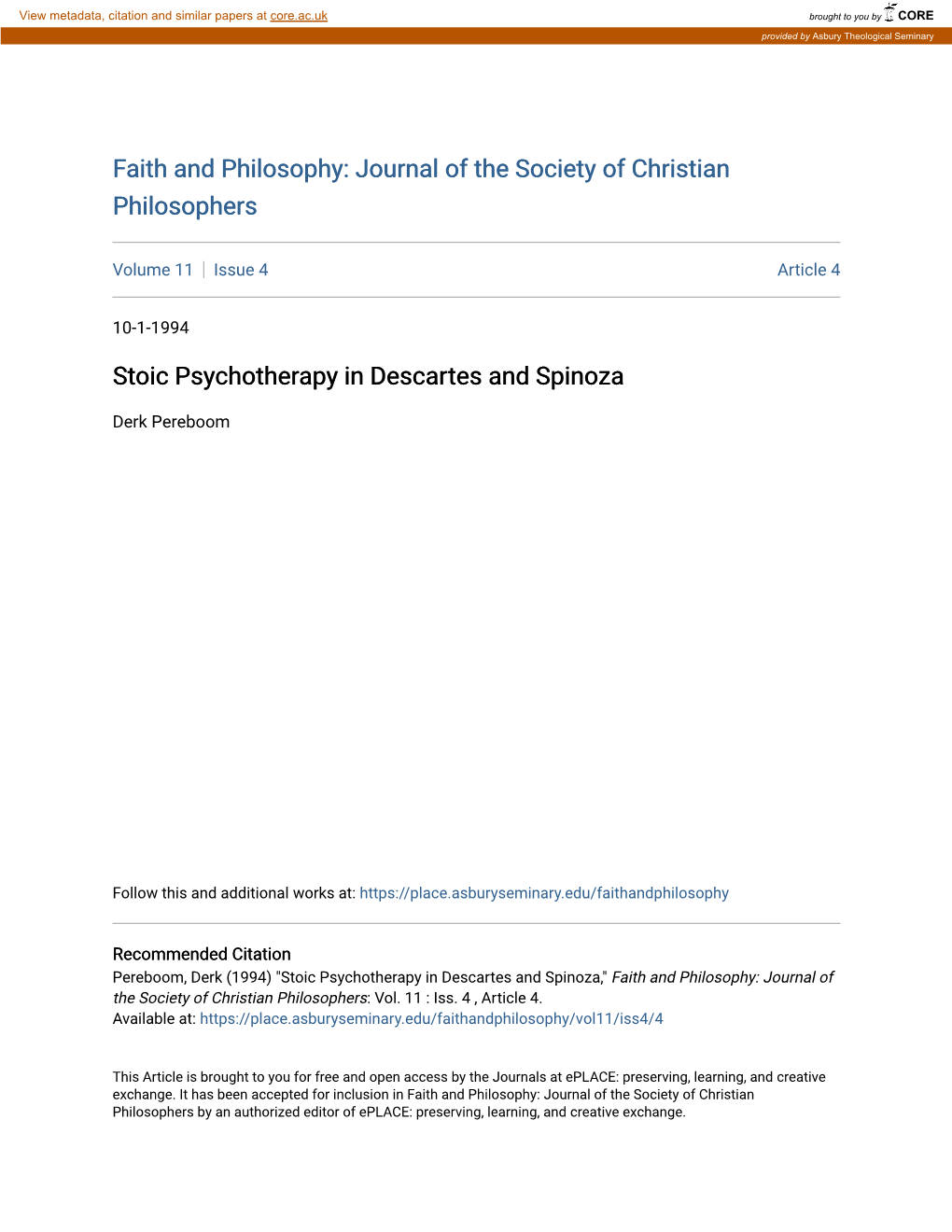 Stoic Psychotherapy in Descartes and Spinoza