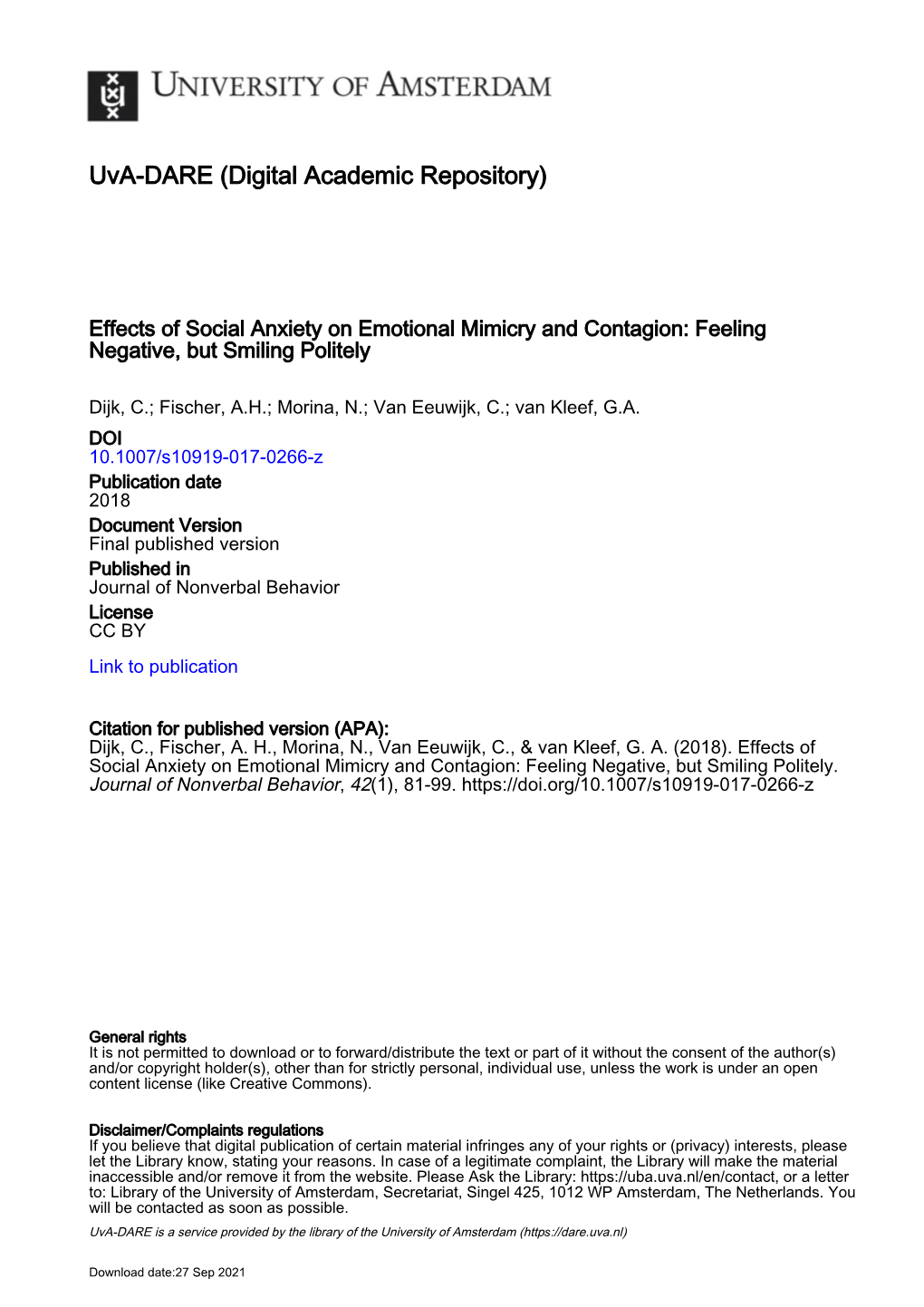 Effects of Social Anxiety on Emotional Mimicry and Contagion: Feeling Negative, but Smiling Politely