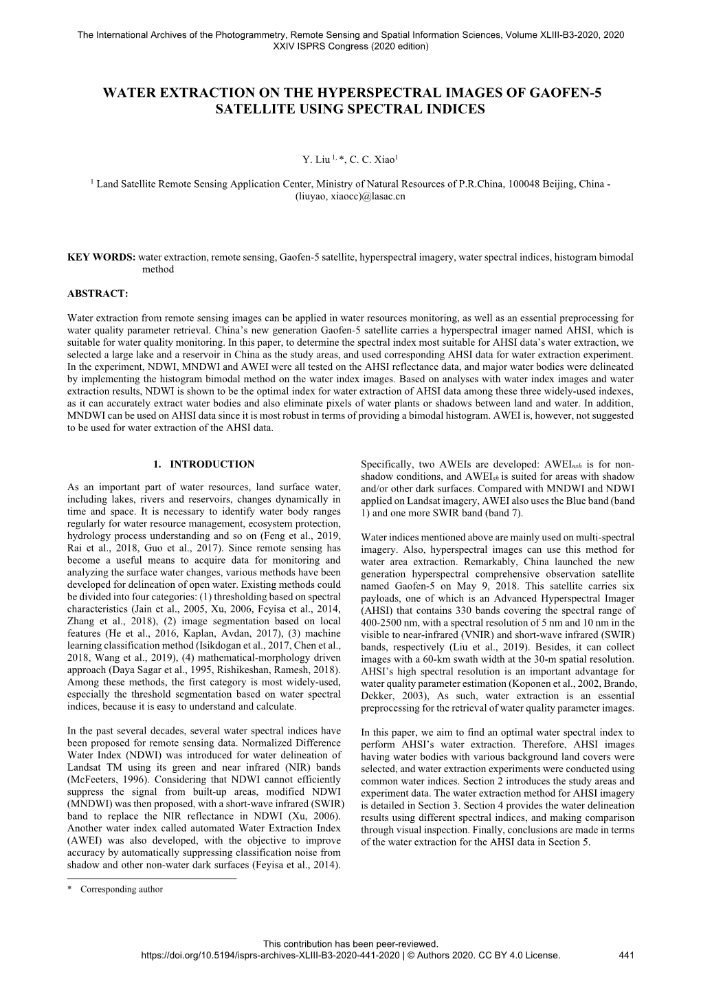 Water Extraction on the Hyperspectral Images of Gaofen-5 Satellite Using Spectral Indices