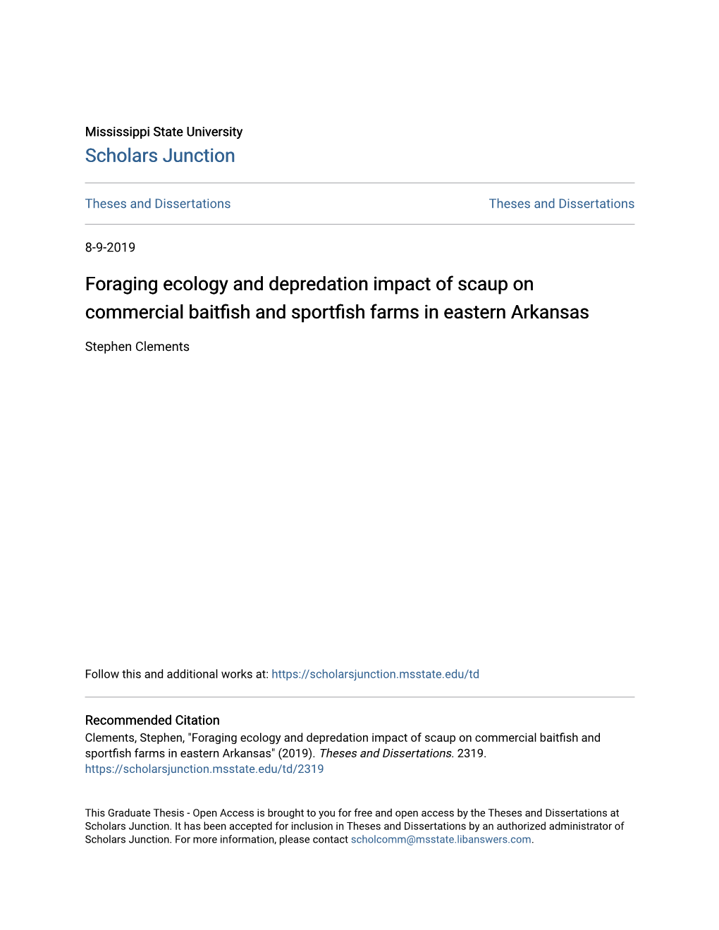 Foraging Ecology and Depredation Impact of Scaup on Commercial Baitfish and Sportfish Farms in Eastern Arkansas