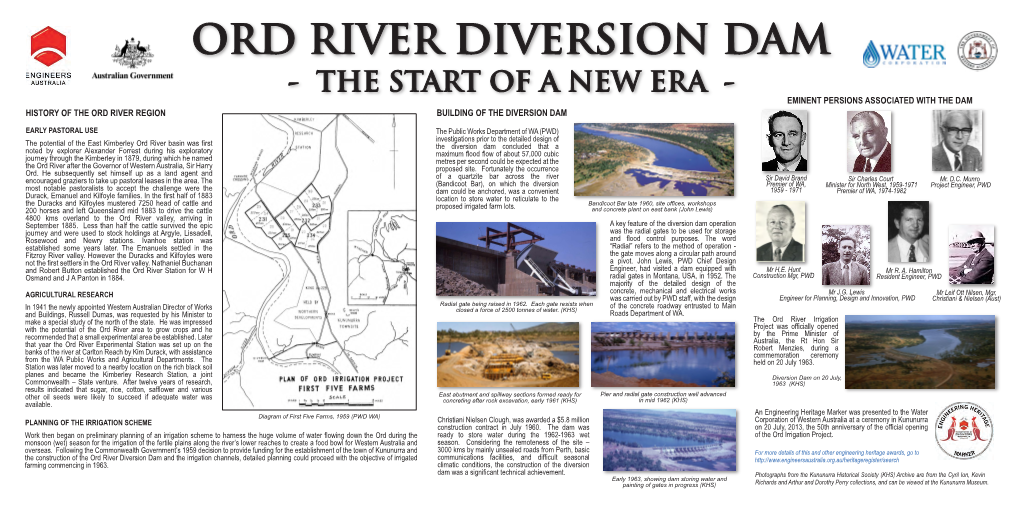 Ord River Diversion Dam - the Start of a New Era - Eminent Persions Associated with the Dam History of the Ord River Region Building of the Diversion Dam